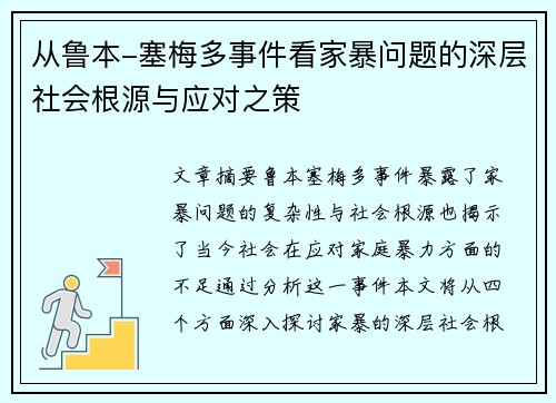 从鲁本-塞梅多事件看家暴问题的深层社会根源与应对之策